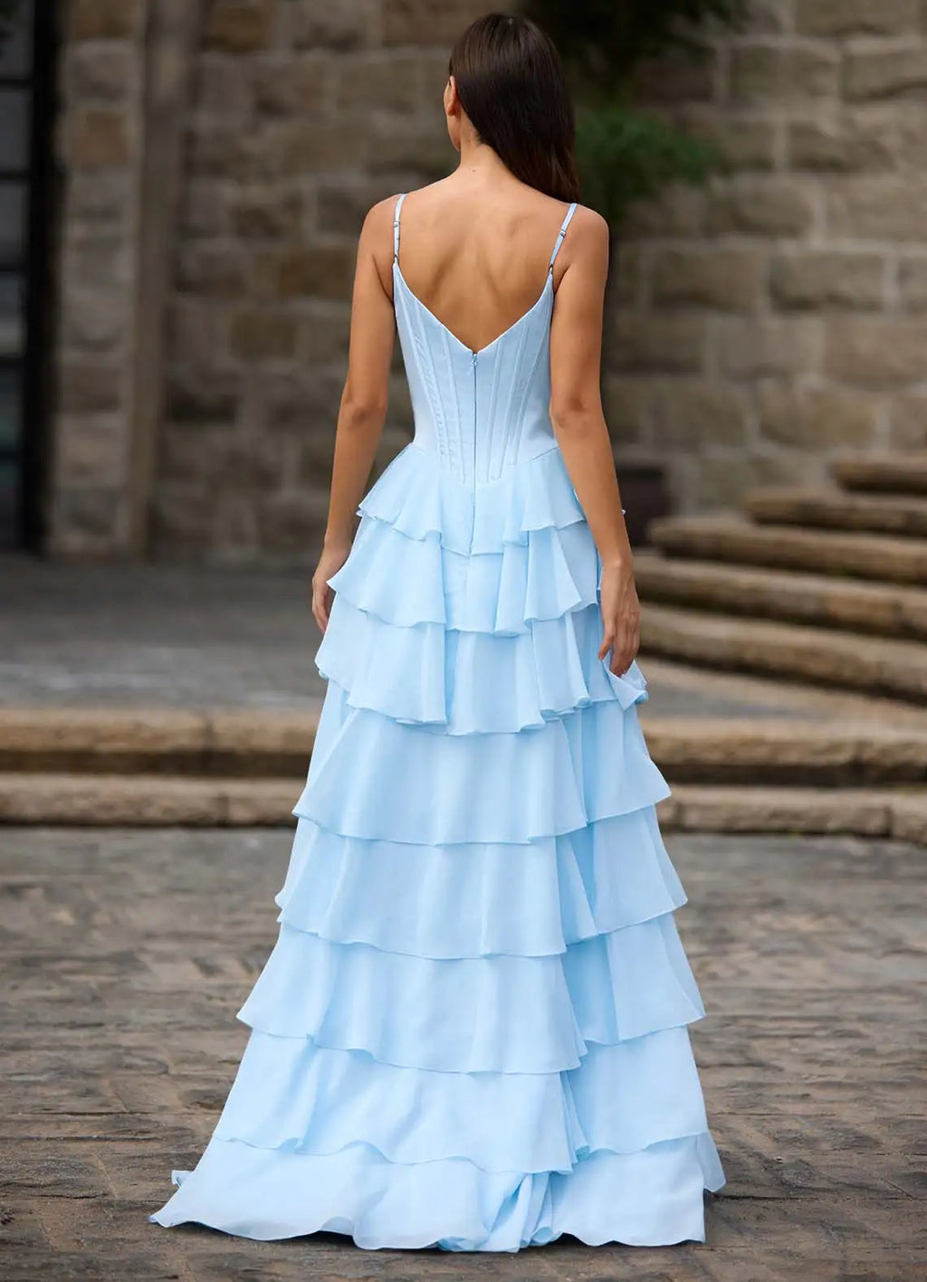 Charming A-Line Spaghetti Strap Sleeveless Layered Ruffle Back Zip Floor-Length Prom Dress with Slit