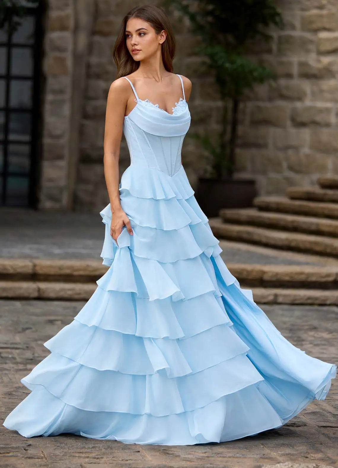 Charming A-Line Spaghetti Strap Sleeveless Layered Ruffle Back Zip Floor-Length Prom Dress with Slit