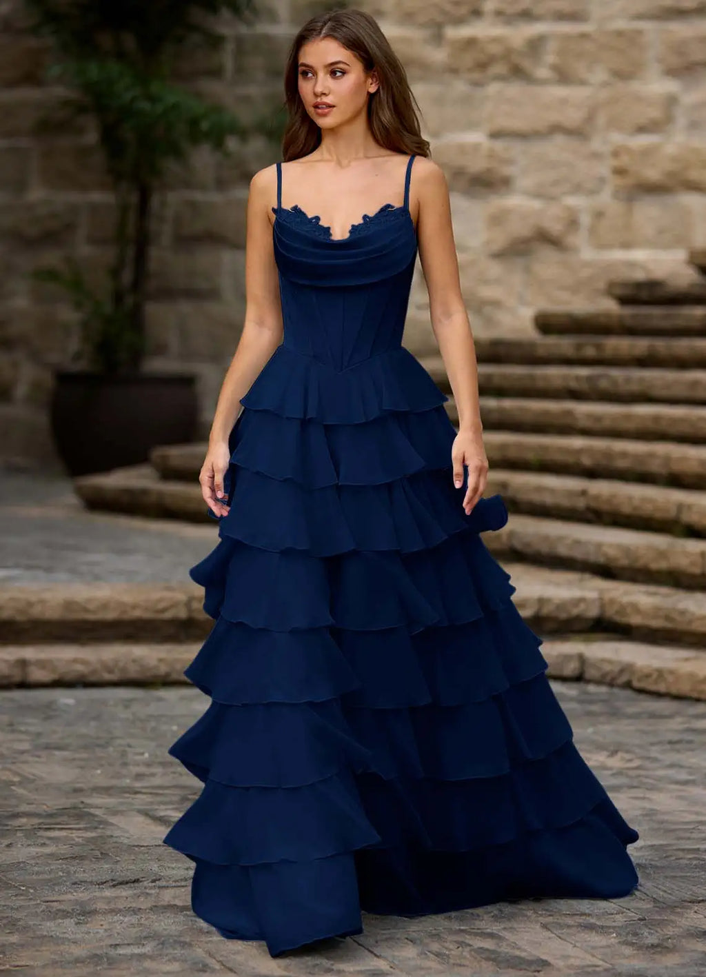 Charming A-Line Spaghetti Strap Sleeveless Layered Ruffle Back Zip Floor-Length Prom Dress with Slit
