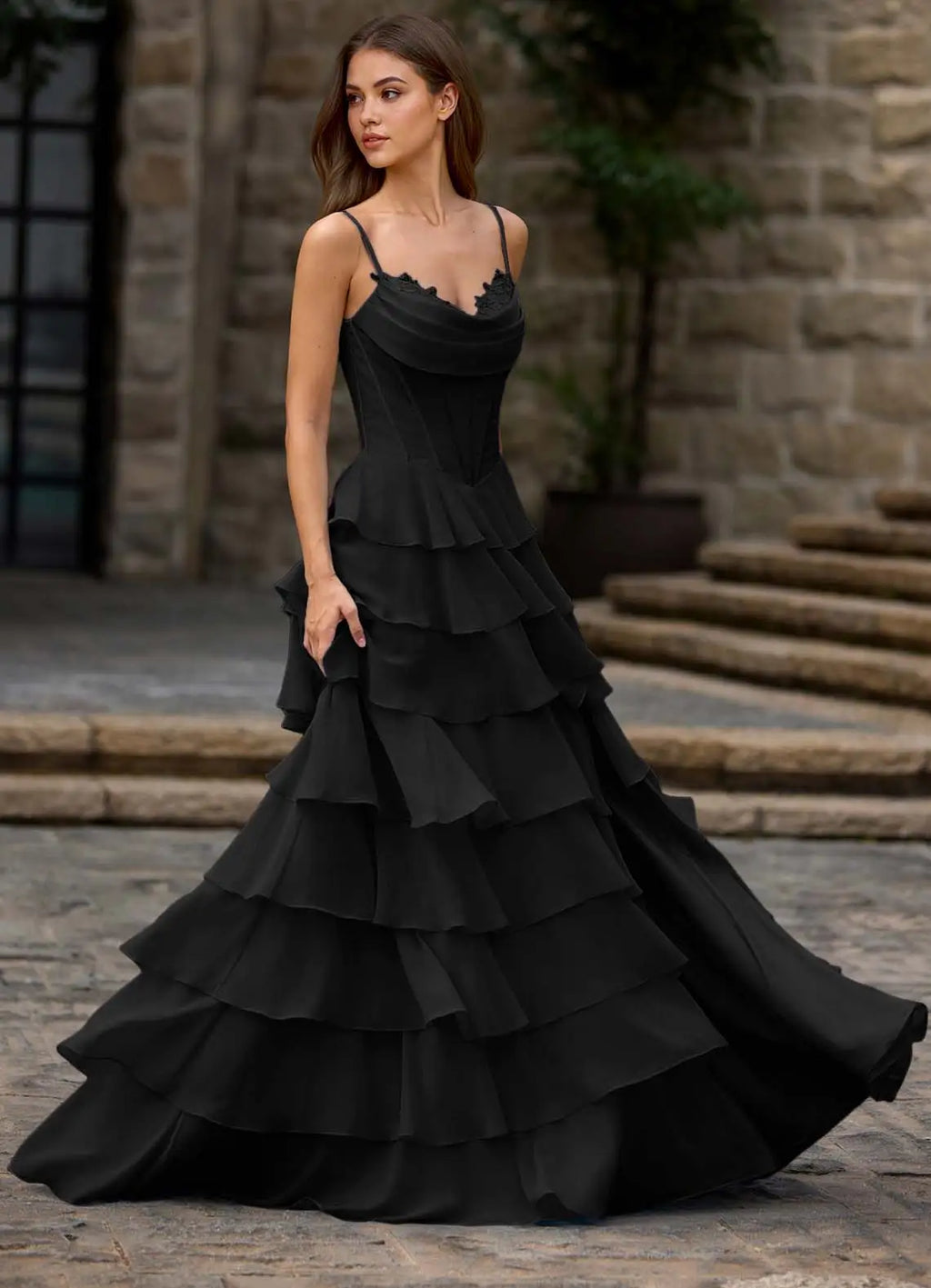 Charming A-Line Spaghetti Strap Sleeveless Layered Ruffle Back Zip Floor-Length Prom Dress with Slit