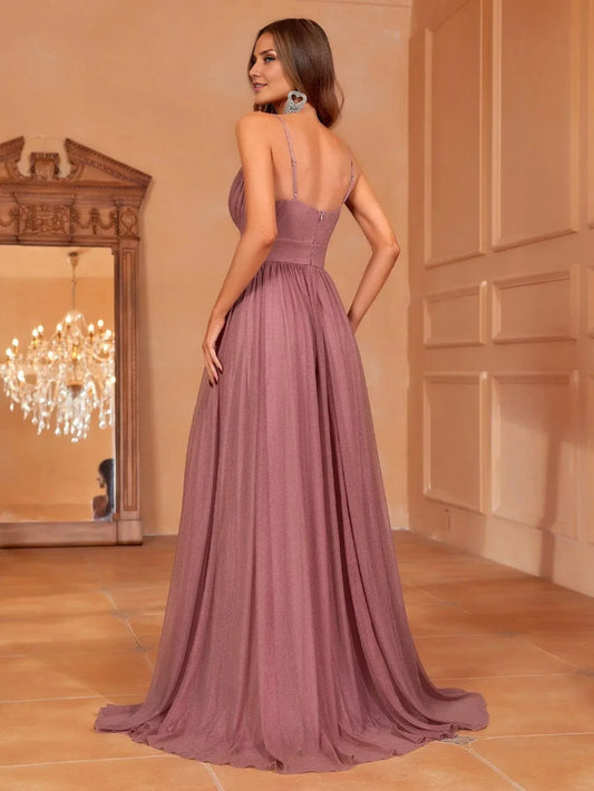 Sophisticated Graceful Stylish Elegant Dusty Rose Glitter A-Line Sleeveless Floor-Length Prom Dress