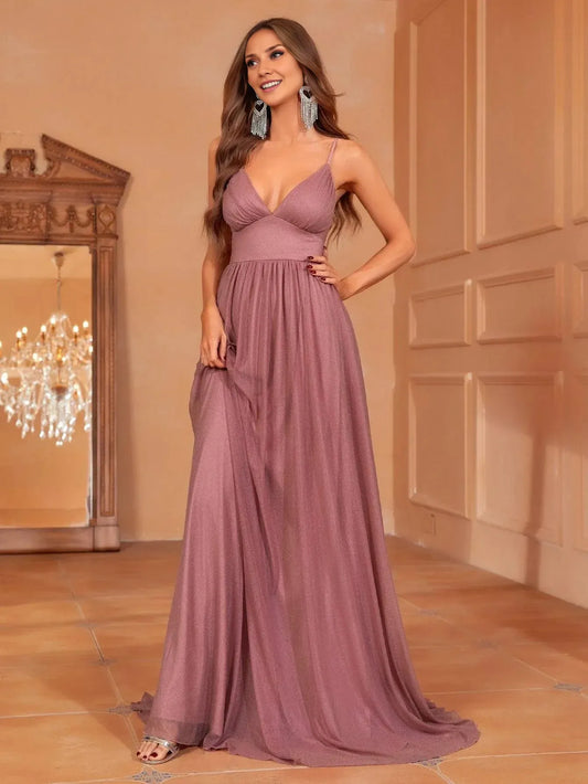 Sophisticated Graceful Stylish Elegant Dusty Rose Glitter A-Line Sleeveless Floor-Length Prom Dress