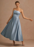 Stylish Refined Elegant Dusty Blue Satin A-Line Strapless Sleeveless Tea-Length Evening Dress