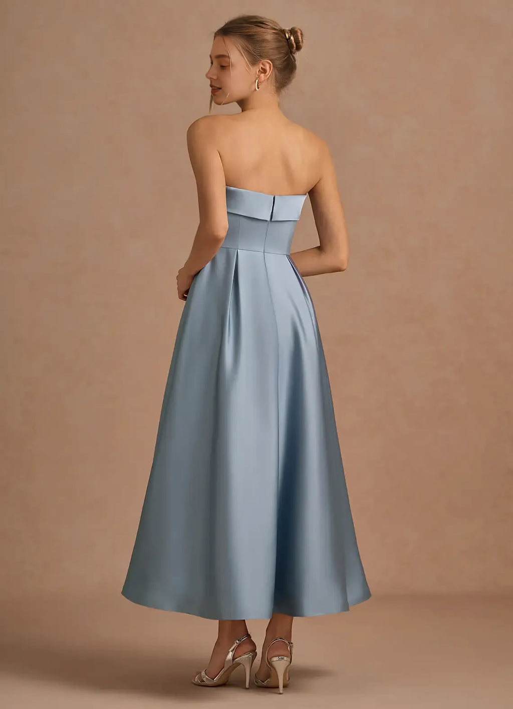 Stylish Refined Elegant Dusty Blue Satin A-Line Strapless Sleeveless Tea-Length Evening Dress