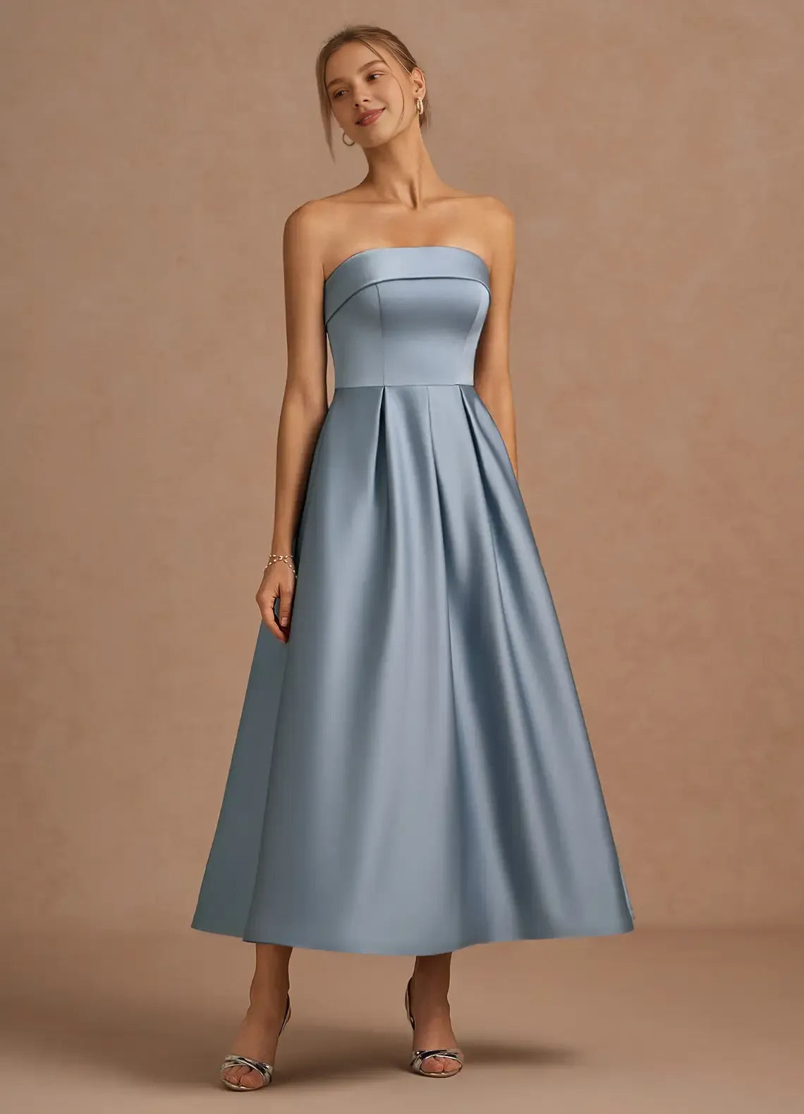 Stylish Refined Elegant Dusty Blue Satin A-Line Strapless Sleeveless Tea-Length Evening Dress