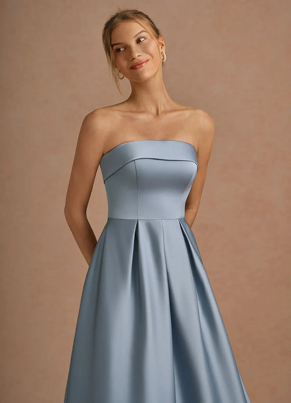 Stylish Refined Elegant Dusty Blue Satin A-Line Strapless Sleeveless Tea-Length Evening Dress