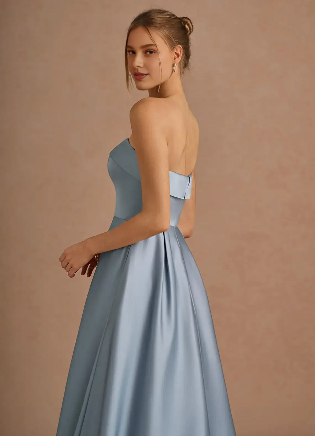 Stylish Refined Elegant Dusty Blue Satin A-Line Strapless Sleeveless Tea-Length Evening Dress