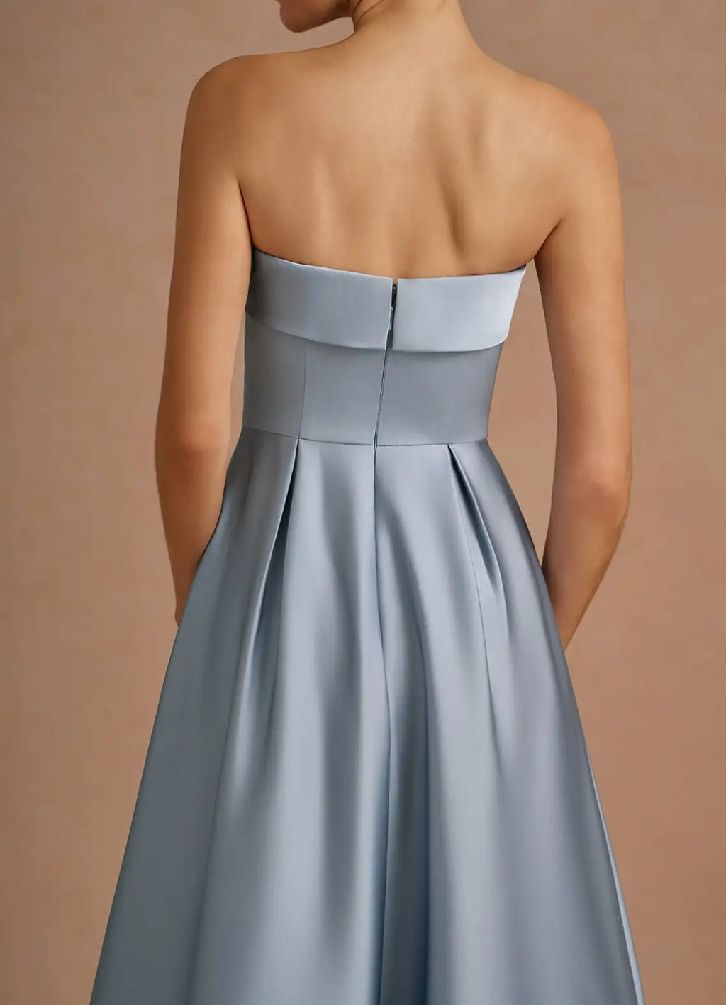 Stylish Refined Elegant Dusty Blue Satin A-Line Strapless Sleeveless Tea-Length Evening Dress