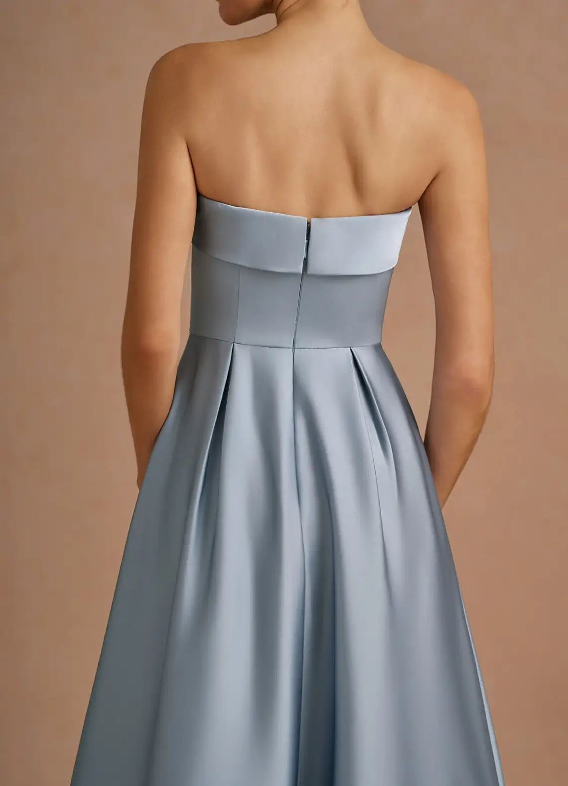 Stylish Refined Elegant Dusty Blue Satin A-Line Strapless Sleeveless Tea-Length Evening Dress