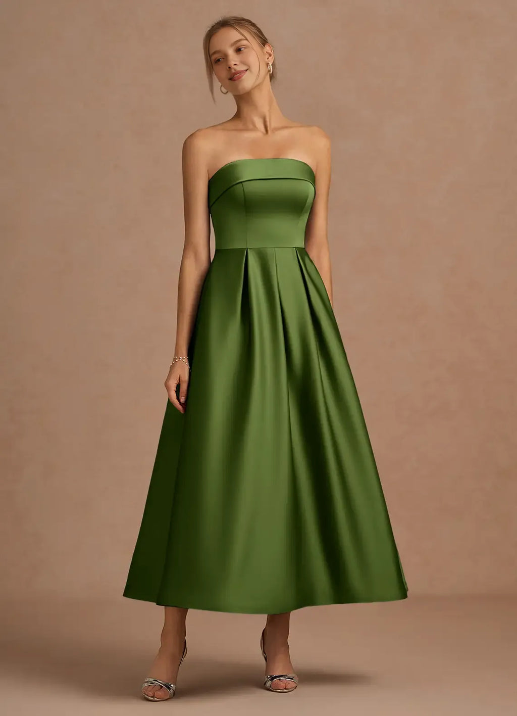 Stylish Refined Elegant Dusty Blue Satin A-Line Strapless Sleeveless Tea-Length Evening Dress