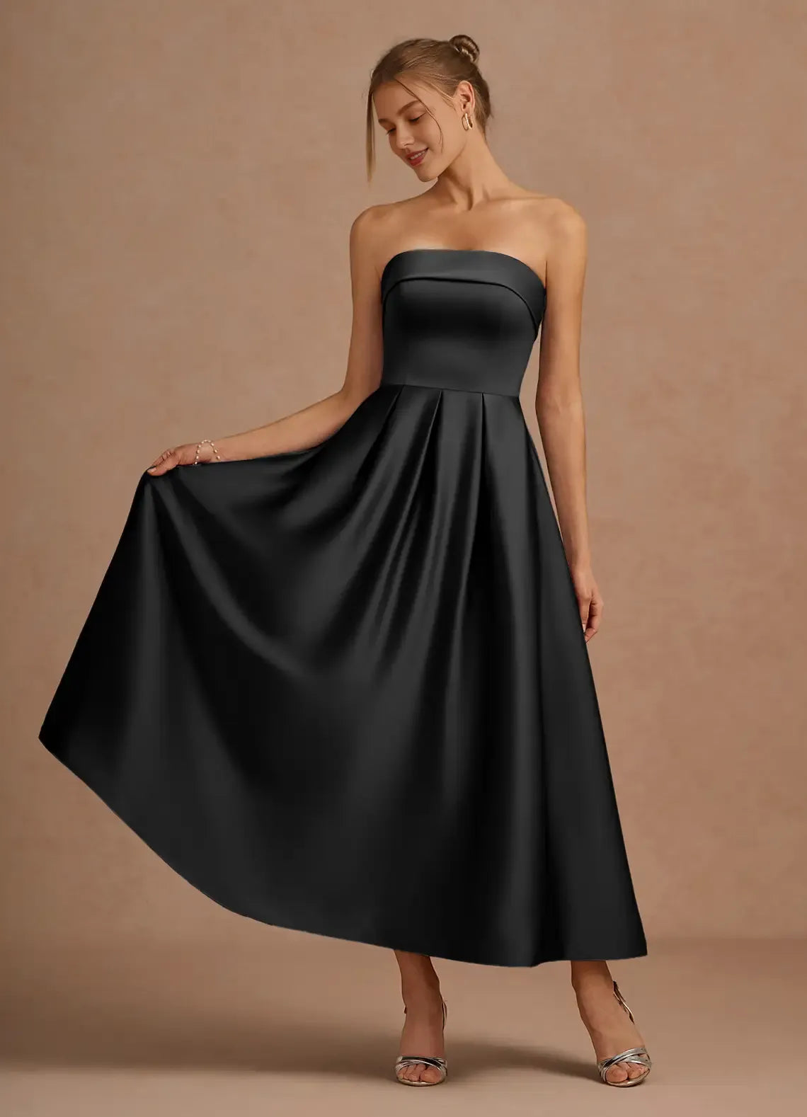 Stylish Refined Elegant Dusty Blue Satin A-Line Strapless Sleeveless Tea-Length Evening Dress