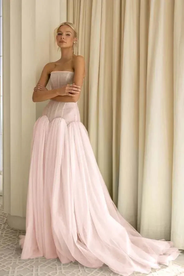 Sage Green Charming A-Line Strapless Pleated Train Prom Dress Hot Sale