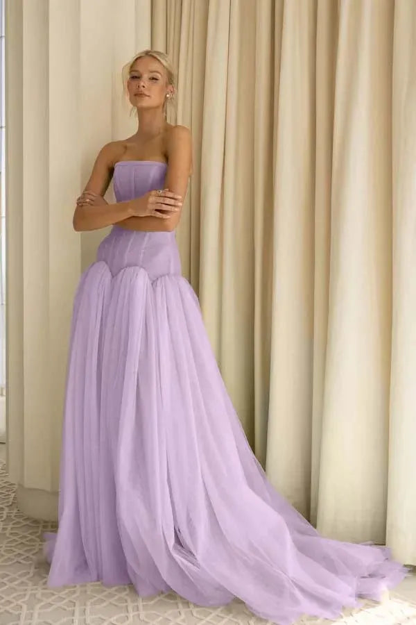 Sage Green Charming A-Line Strapless Pleated Train Prom Dress Hot Sale