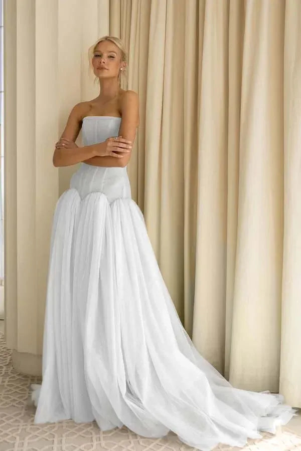 Sage Green Charming A-Line Strapless Pleated Train Prom Dress Hot Sale