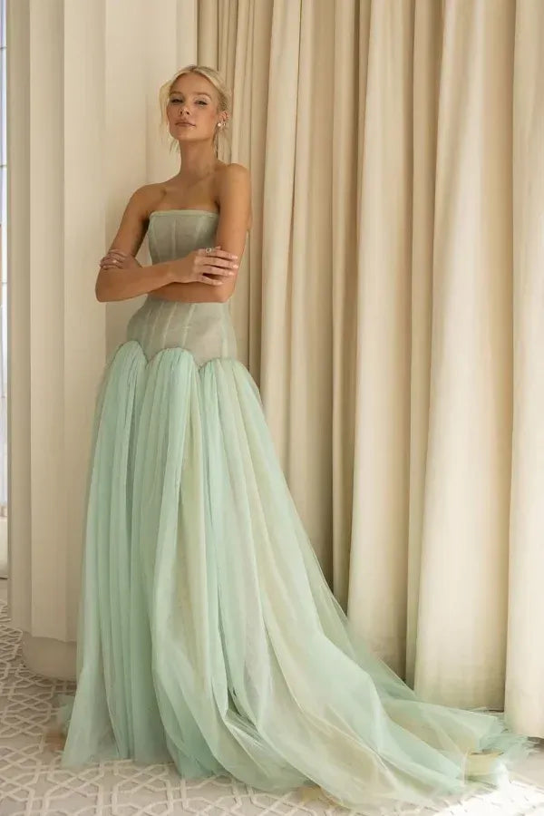 Sage Green Charming A-Line Strapless Pleated Train Prom Dress Hot Sale