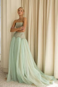 Sage Green Charming A-Line Strapless Pleated Train Prom Dress Hot Sale