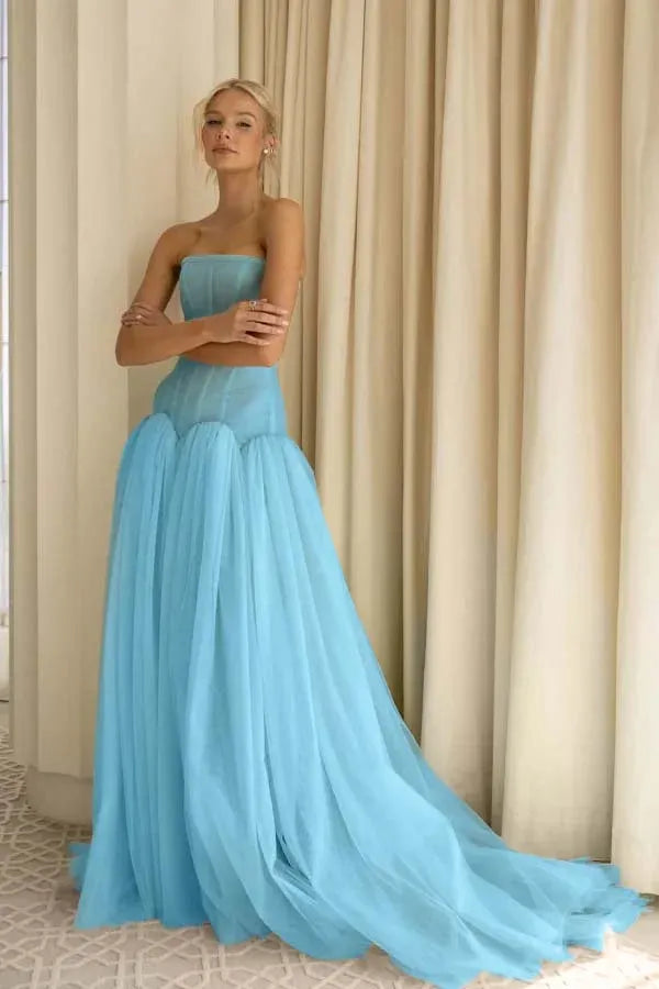 Sage Green Charming A-Line Strapless Pleated Train Prom Dress Hot Sale