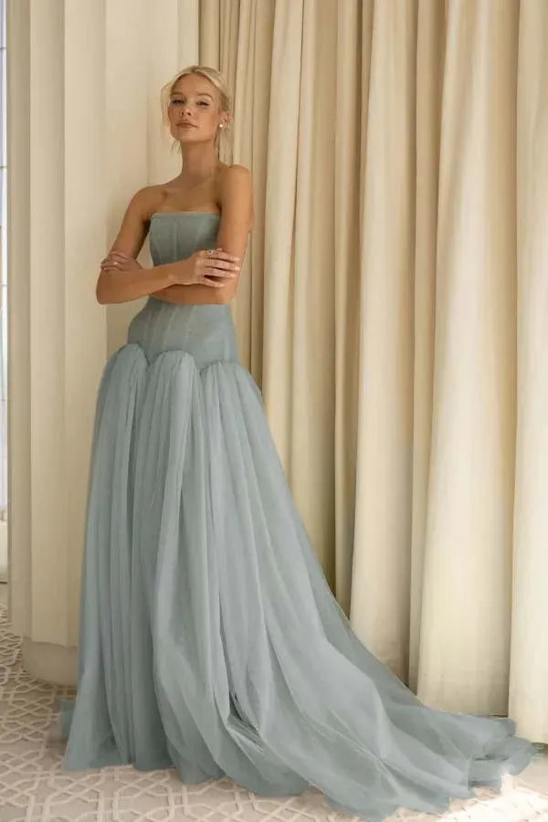 Sage Green Charming A-Line Strapless Pleated Train Prom Dress Hot Sale