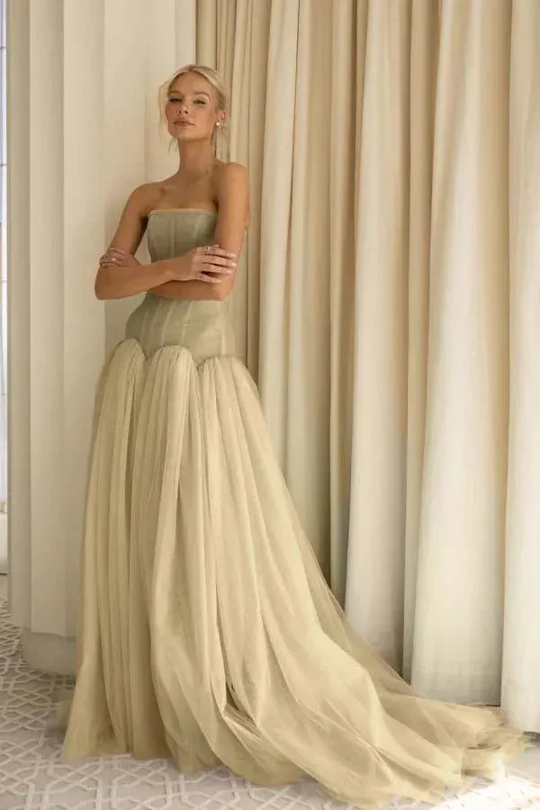 Sage Green Charming A-Line Strapless Pleated Train Prom Dress Hot Sale