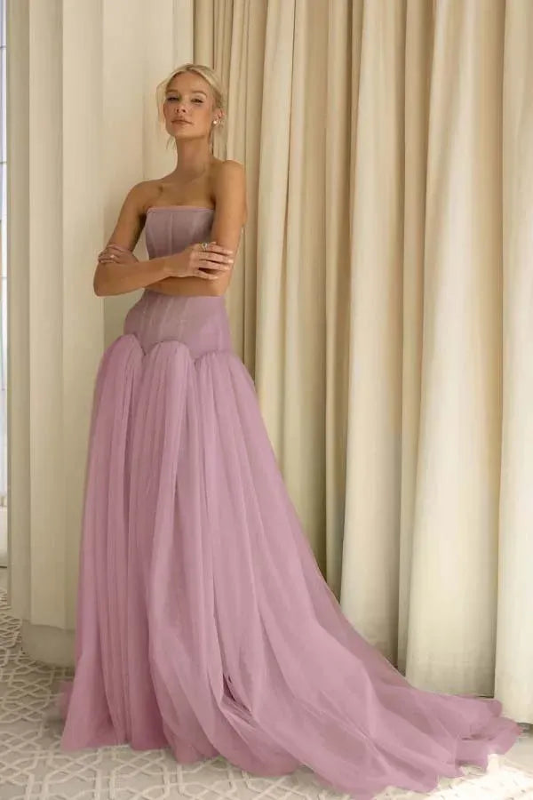Sage Green Charming A-Line Strapless Pleated Train Prom Dress Hot Sale