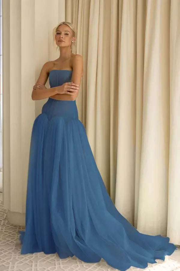 Sage Green Charming A-Line Strapless Pleated Train Prom Dress Hot Sale