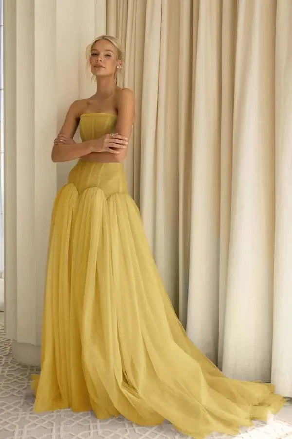 Sage Green Charming A-Line Strapless Pleated Train Prom Dress Hot Sale