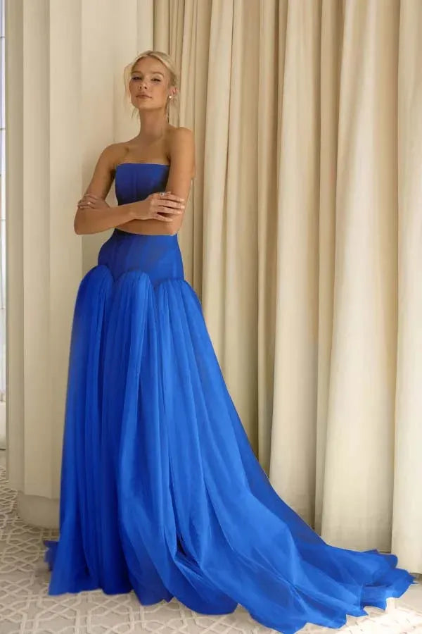 Sage Green Charming A-Line Strapless Pleated Train Prom Dress Hot Sale