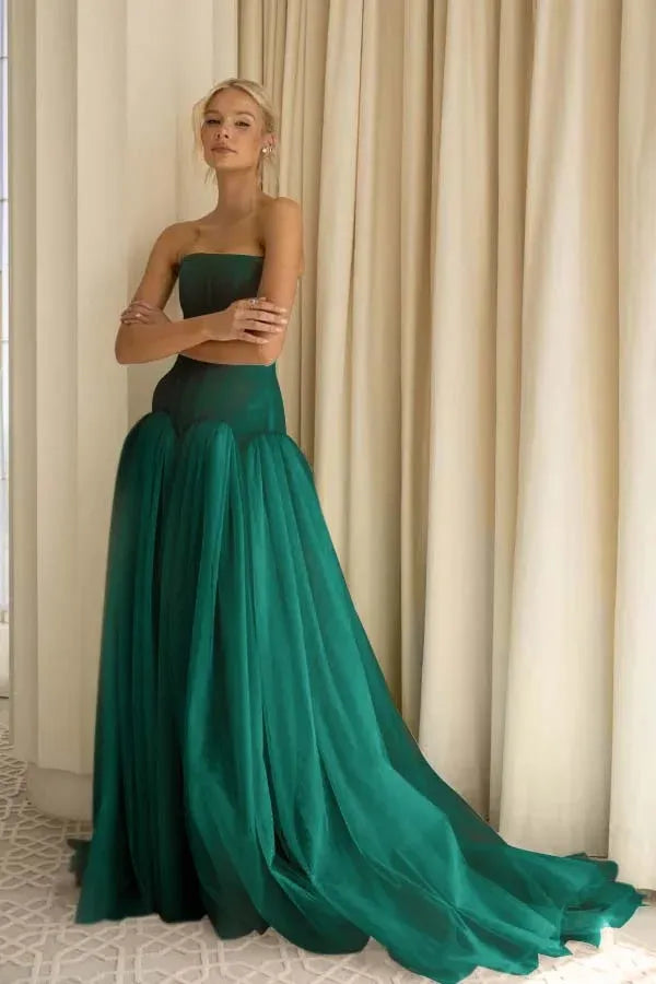 Sage Green Charming A-Line Strapless Pleated Train Prom Dress Hot Sale