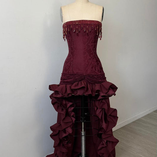 Beautiful Timeless Special Occasion Elegant Burgundy Lace A-Line Strapless Sleeveless Party Dress