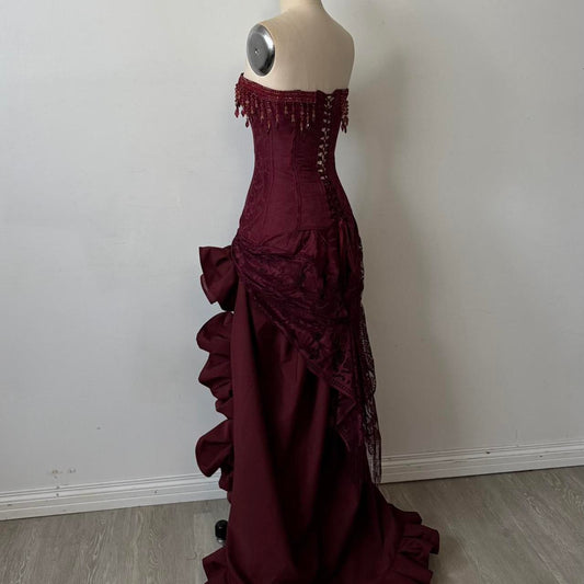 Beautiful Timeless Special Occasion Elegant Burgundy Lace A-Line Strapless Sleeveless Party Dress