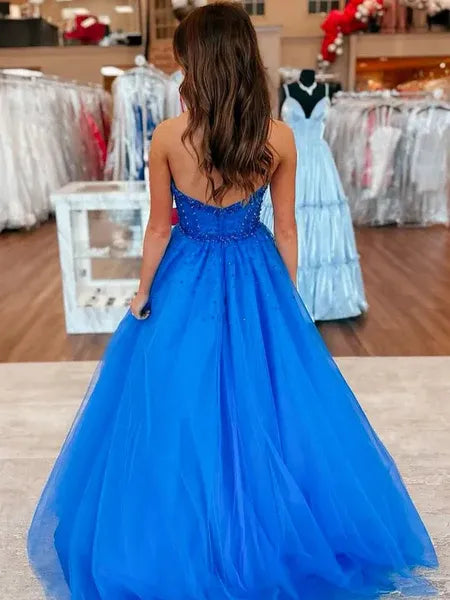 Blue Charming A-Line Sweetheart Corset Beaded Royal Long Prom Dress