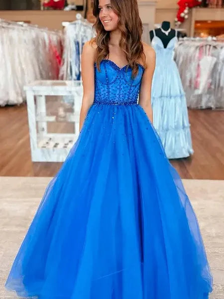 Blue Charming A-Line Sweetheart Corset Beaded Royal Long Prom Dress