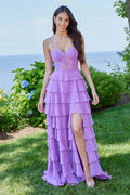 Lavender Charming A-Line Sweetheart Neckline Spaghetti Strap Up Floor-Length Ruffled Prom Dresses