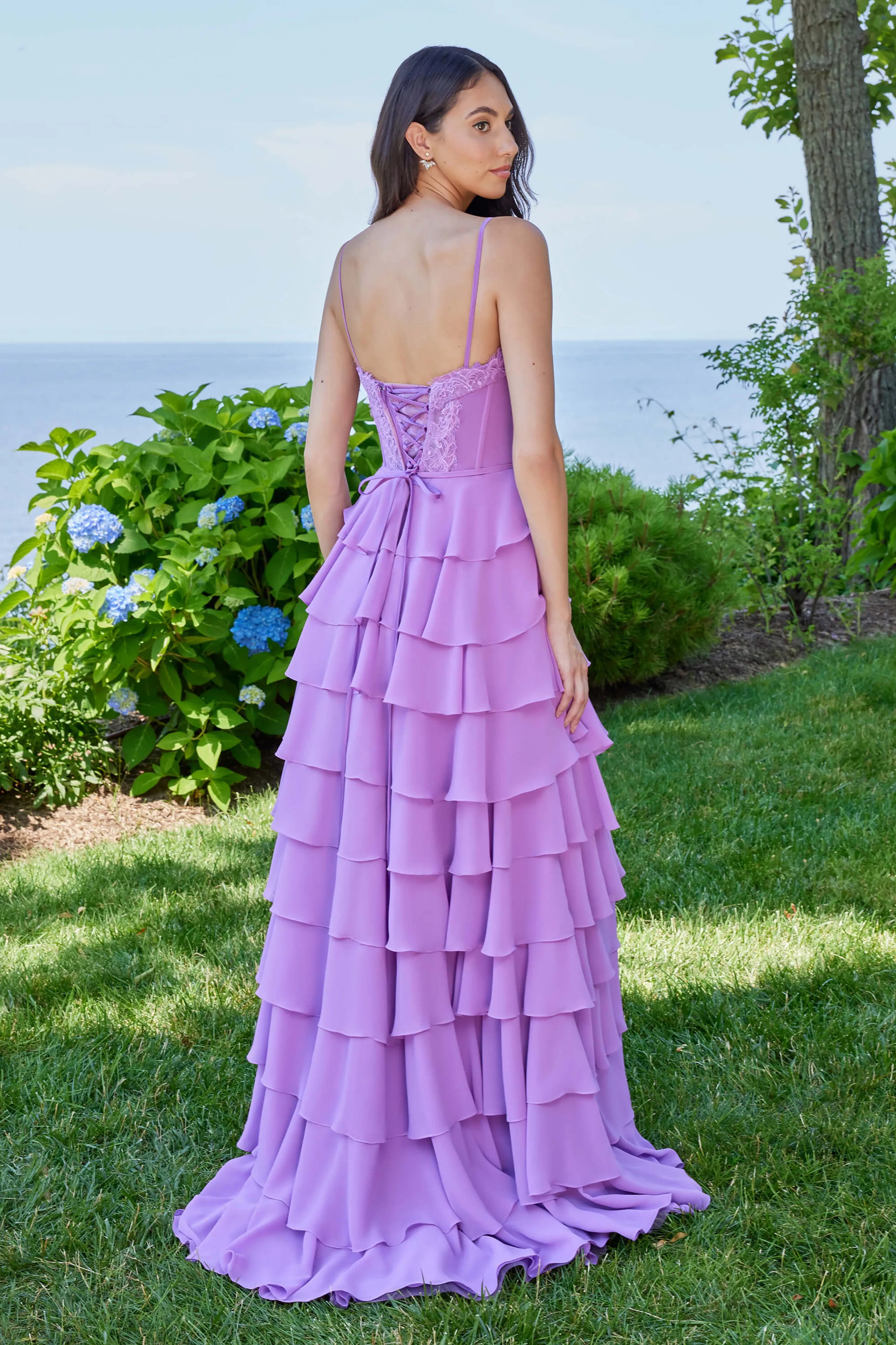 Lavender Charming A-Line Sweetheart Neckline Spaghetti Strap Up Floor-Length Ruffled Prom Dresses