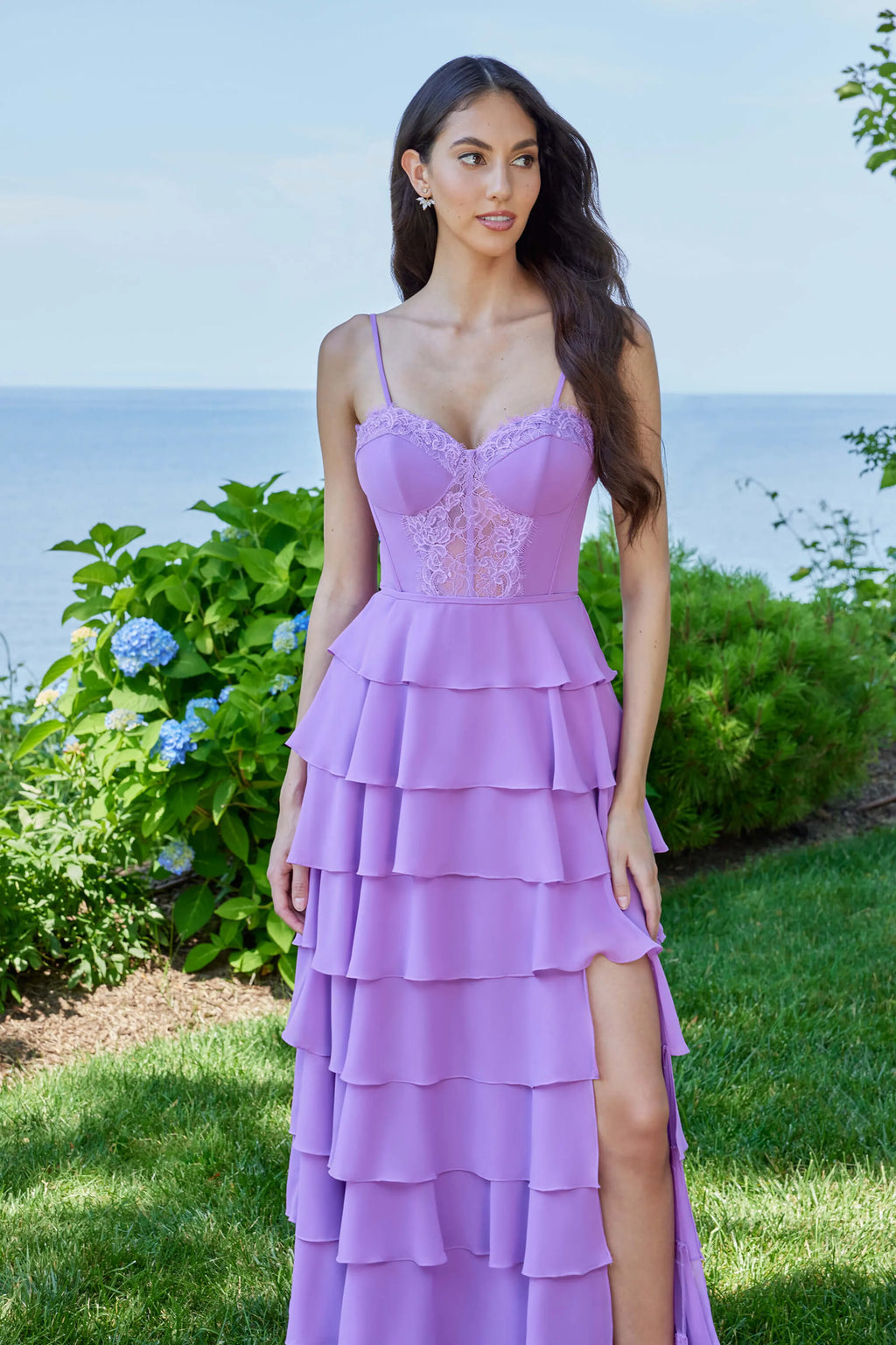 Lavender Charming A-Line Sweetheart Neckline Spaghetti Strap Up Floor-Length Ruffled Prom Dresses
