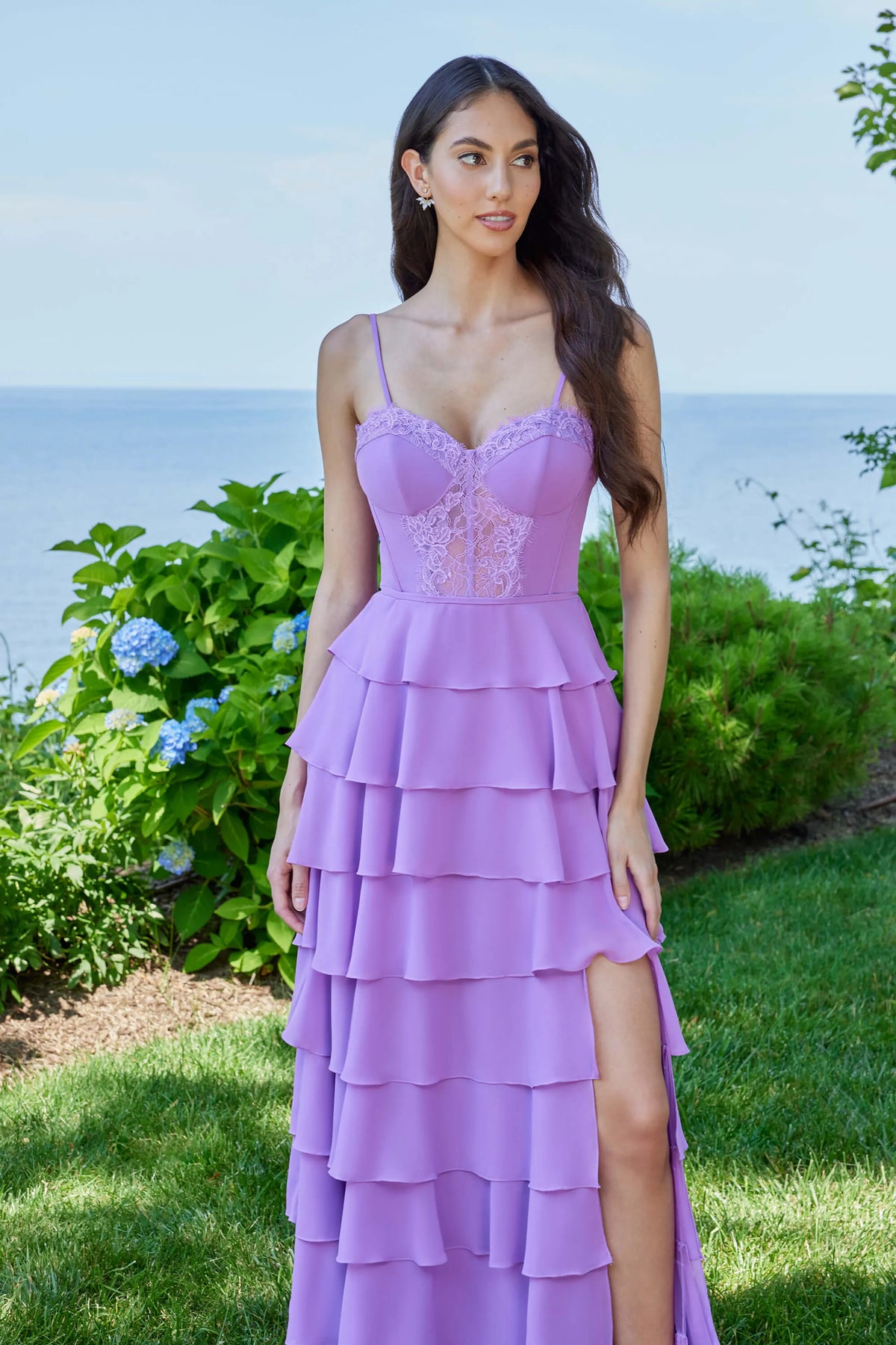 Lavender Charming A-Line Sweetheart Neckline Spaghetti Strap Up Floor-Length Ruffled Prom Dresses