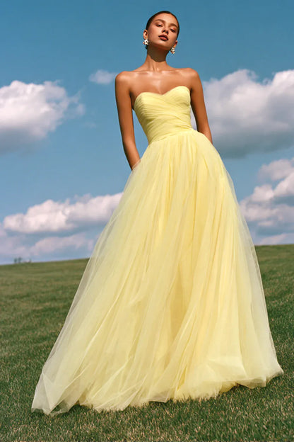 Timeless Special Occasion Sophisticated Elegant Yellow Tulle A-Line Sweetheart Sleeveless Prom Dress