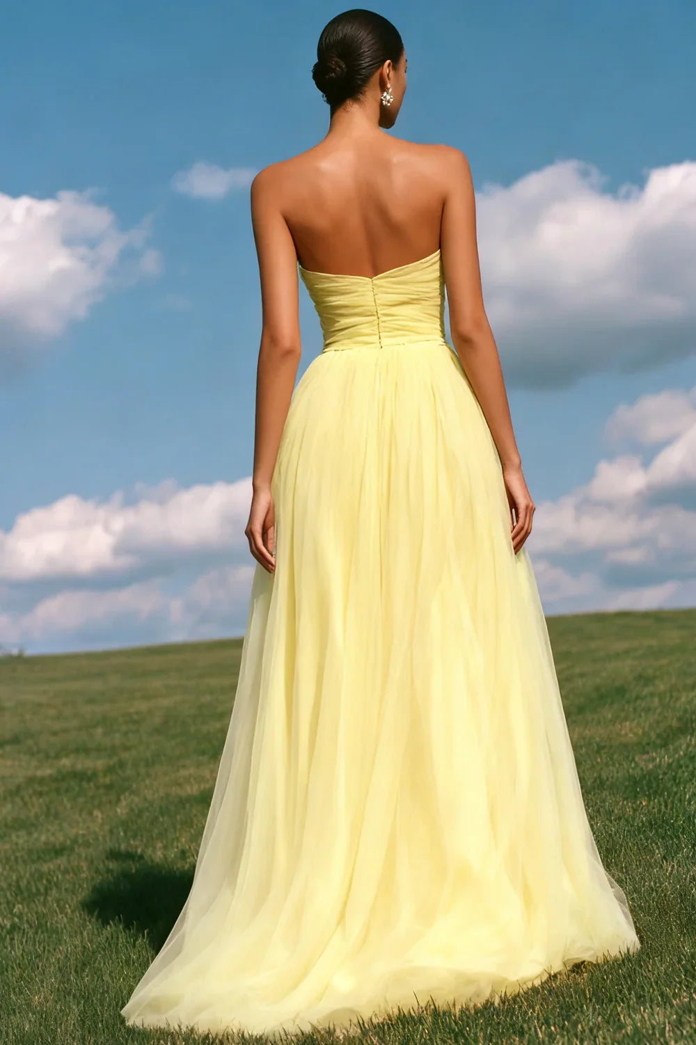 Timeless Special Occasion Sophisticated Elegant Yellow Tulle A-Line Sweetheart Sleeveless Prom Dress