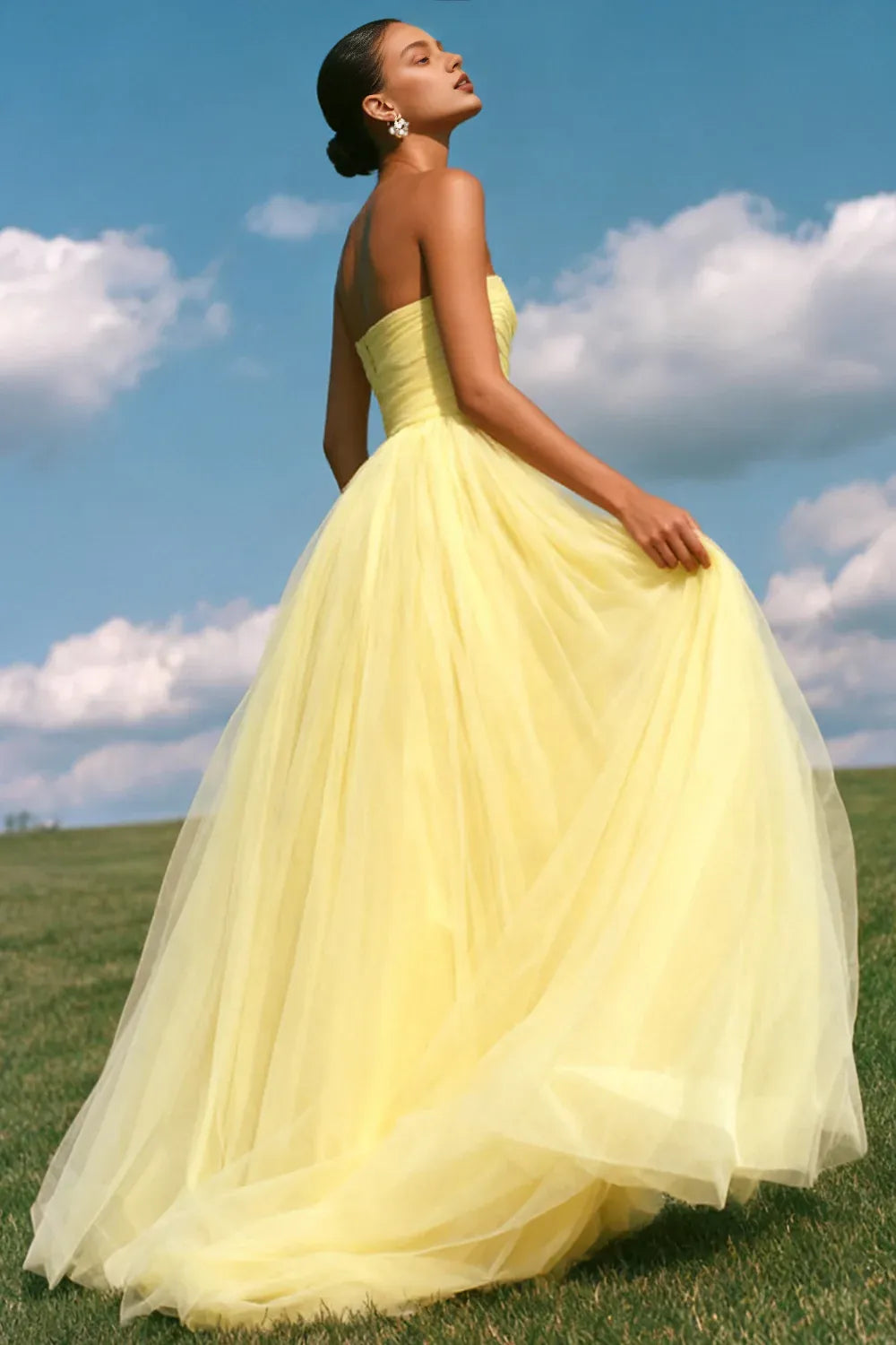 Timeless Special Occasion Sophisticated Elegant Yellow Tulle A-Line Sweetheart Sleeveless Prom Dress