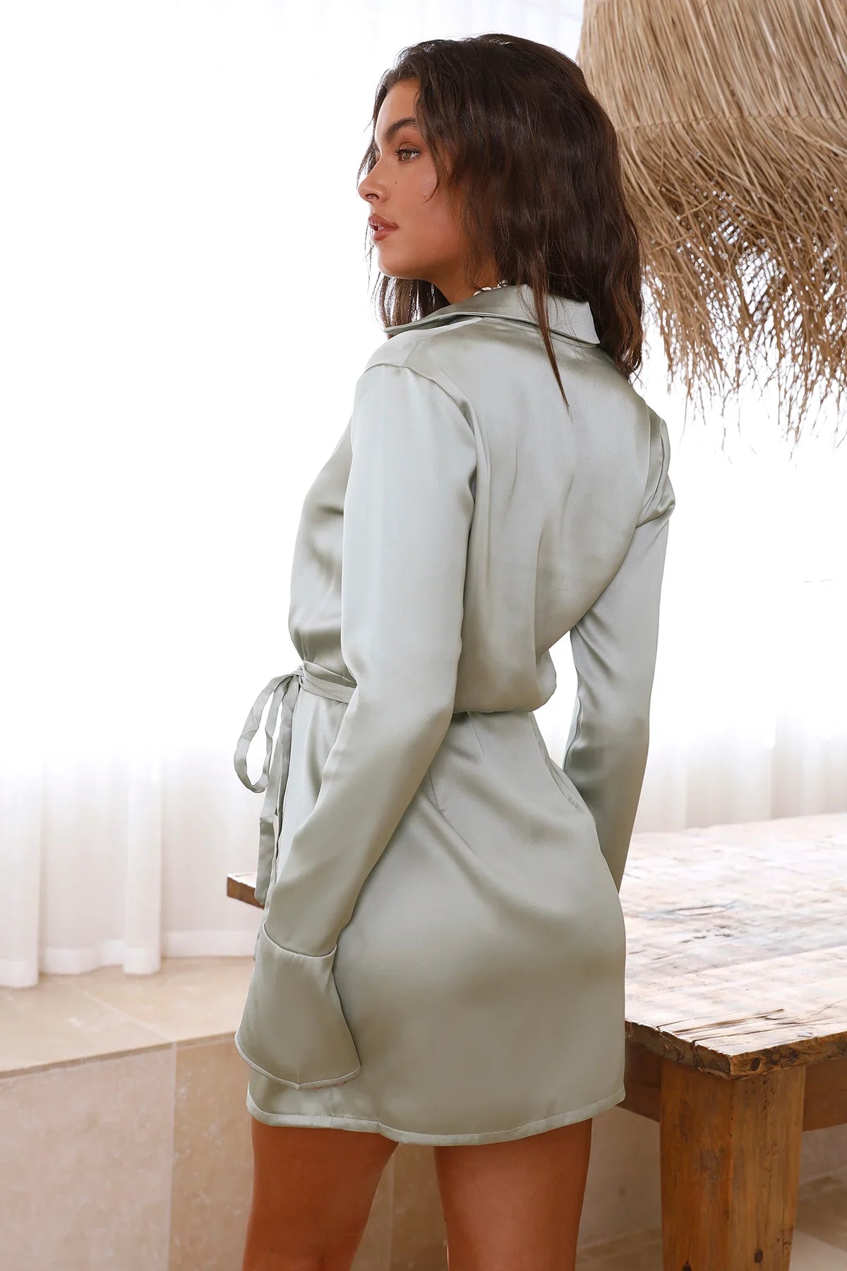 Special Occasion Sophisticated Elegant Sage Green Satin A-Line Long Sleeve Mini Prom Dress
