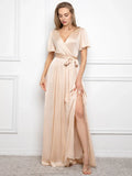 Stylish Refined Beautiful Elegant Champagne Satin A-Line Short Sleeve Floor-Length Prom Dress