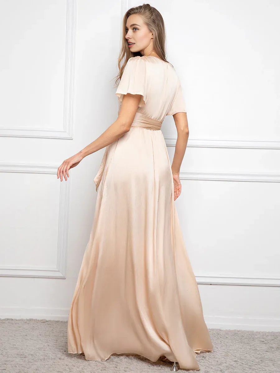 Stylish Refined Beautiful Elegant Champagne Satin A-Line Short Sleeve Floor-Length Prom Dress
