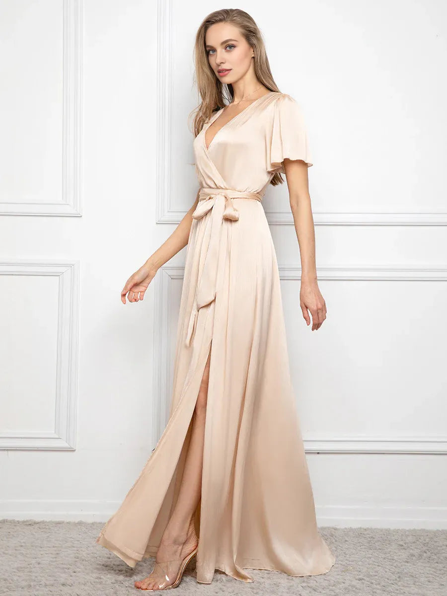Stylish Refined Beautiful Elegant Champagne Satin A-Line Short Sleeve Floor-Length Prom Dress