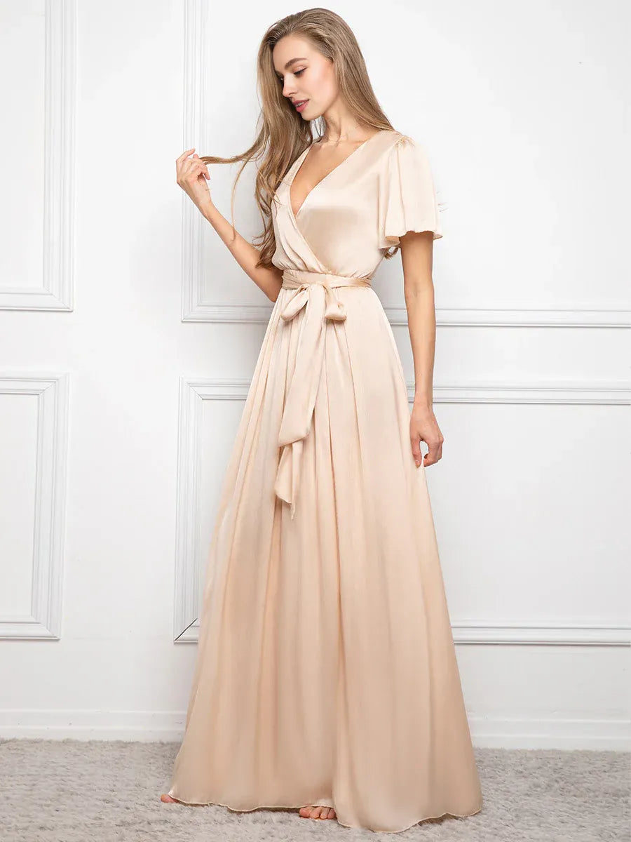 Stylish Refined Beautiful Elegant Champagne Satin A-Line Short Sleeve Floor-Length Prom Dress