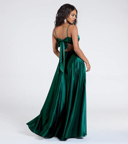Special Occasion Sophisticated Elegant Emerald Green Satin A-Line Sleeveless Floor-Length Prom Dress