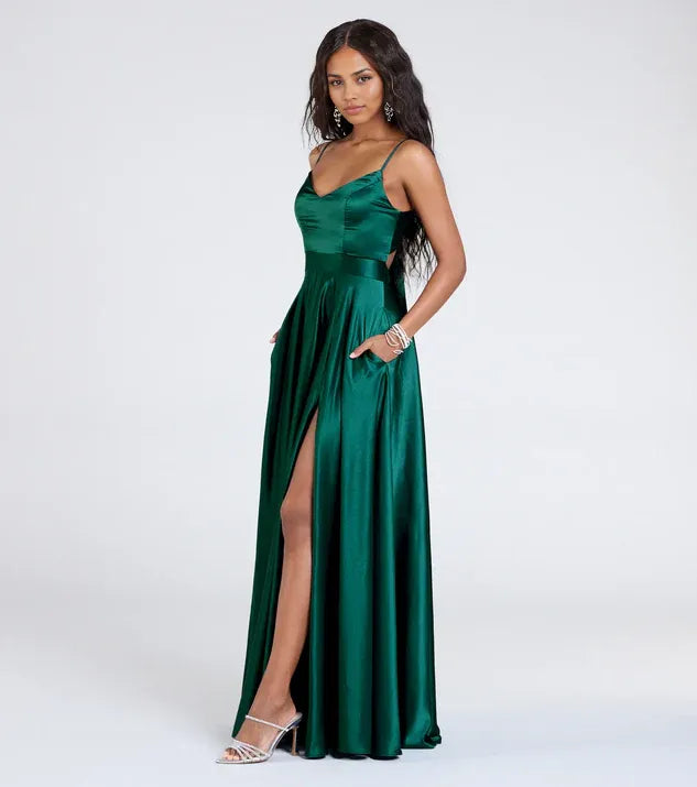 Special Occasion Sophisticated Elegant Emerald Green Satin A-Line Sleeveless Floor-Length Prom Dress