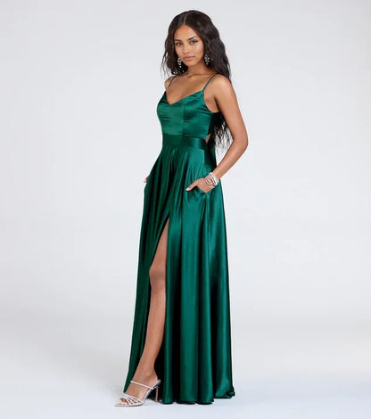 Special Occasion Sophisticated Elegant Emerald Green Satin A-Line Sleeveless Floor-Length Prom Dress