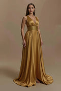 Graceful Stylish Refined Beautiful Timeless Elegant Gold Satin A-Line Sleeveless Prom Dress