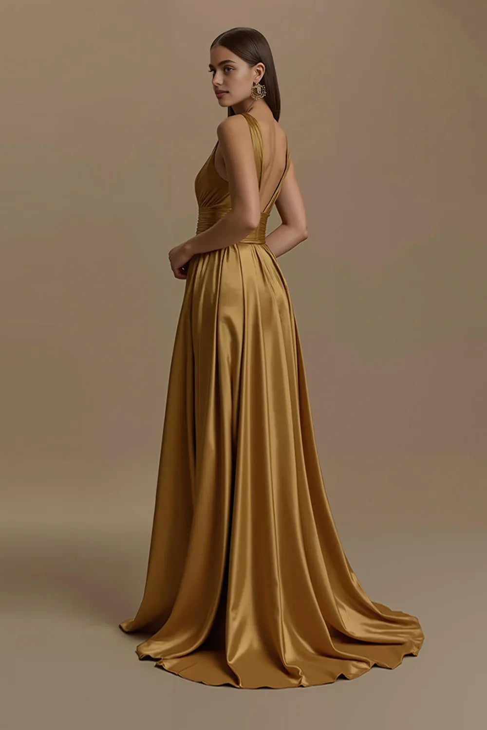 Graceful Stylish Refined Beautiful Timeless Elegant Gold Satin A-Line Sleeveless Prom Dress