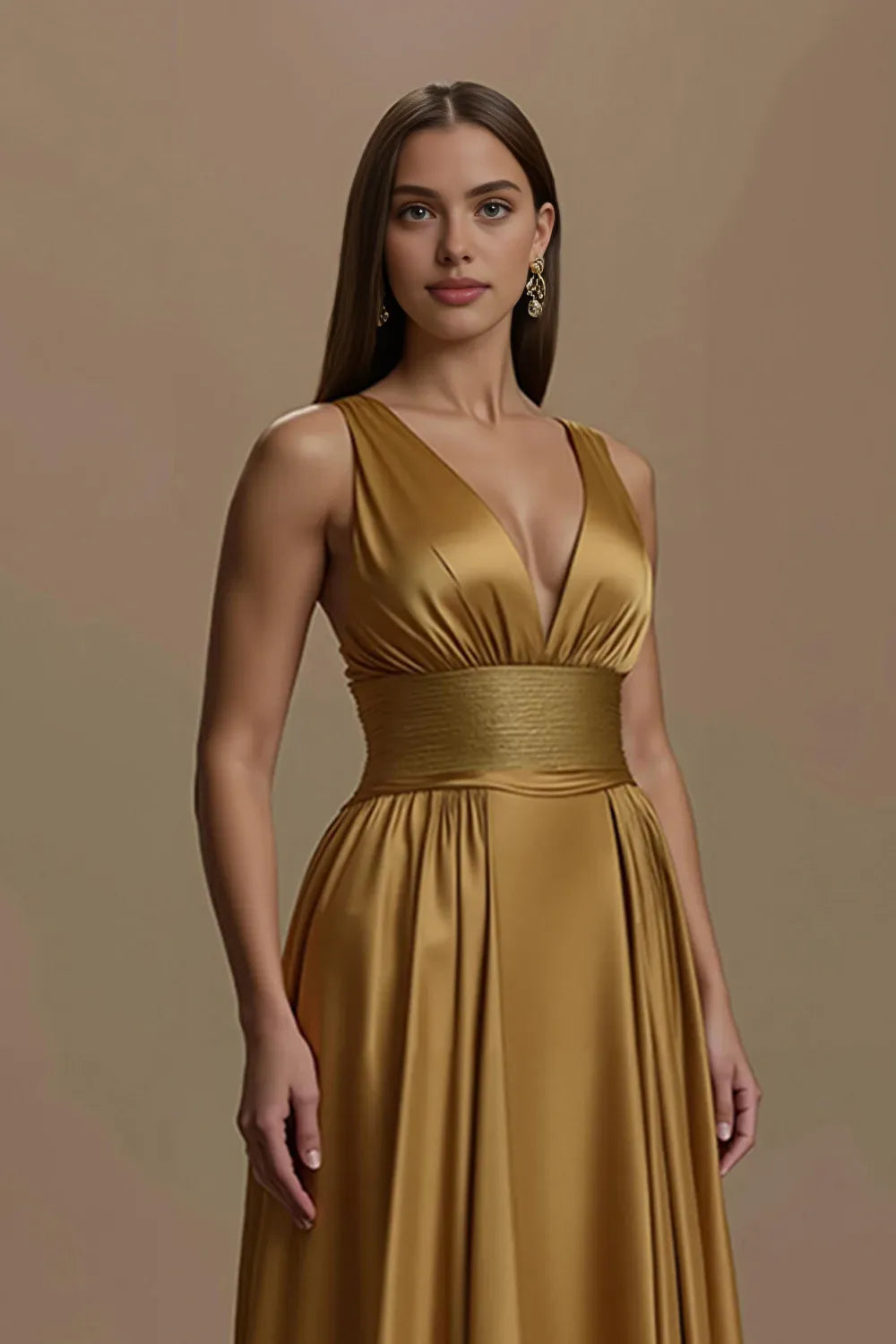 Graceful Stylish Refined Beautiful Timeless Elegant Gold Satin A-Line Sleeveless Prom Dress